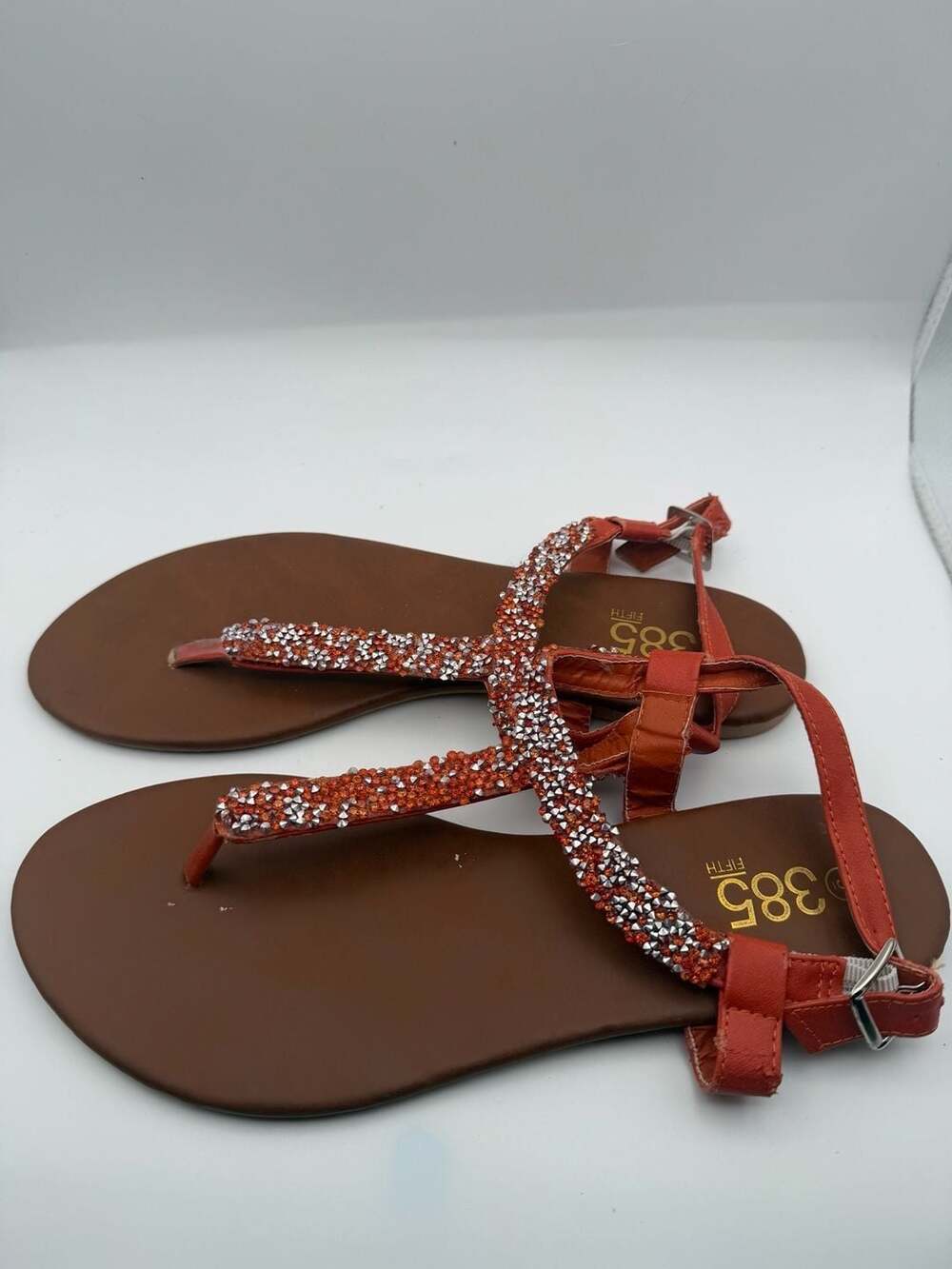 385 fifth Orange Rhinestone T-Strap Ankle Strap Flat Sandals 9